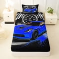 thumbnail image 3 of Castle Fairy Retro Racing Car Twin Sheet Sets 3pcs for Boys, Checkered Flag Design Bedding for Bedroom, Blue Black, 3 of 6