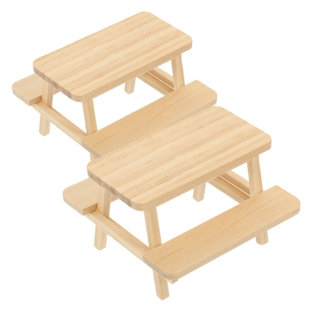 2 muebles de madera para casa de muñecas, mesa de picnic en miniatura, mesa de madera sin terminar, silla, banco, accesorios para comedor, bricolaje