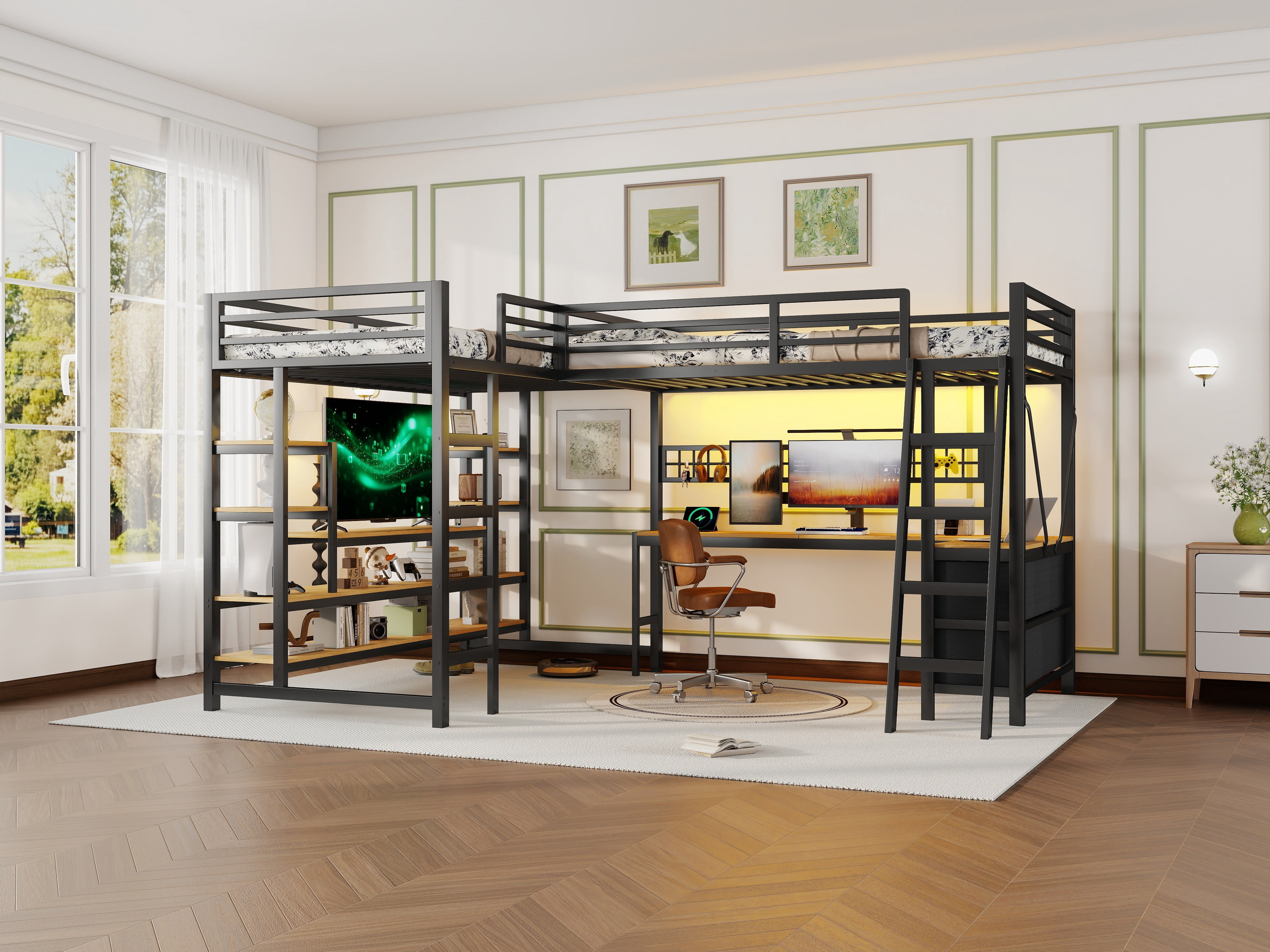 HOQBN L-Shaped Loft Bed Twin Size with 2 Built-in Desks and Show Shelves, Heavy Duty Metal Gaming Loft Bed with 5 Drawers, LED Lights, Charging Station and DIY Grid,Black