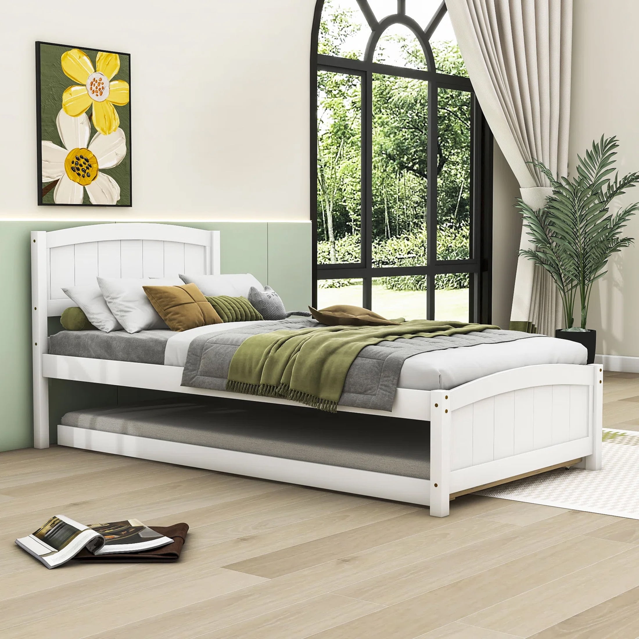 Aukfa Platform Bed with Trundle - Solid Wood Twin Size Bed Frame - White