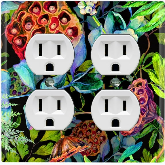Metal Light Switch Plate Cover Red Lotus Pod Plant Leaves Green FLW023
