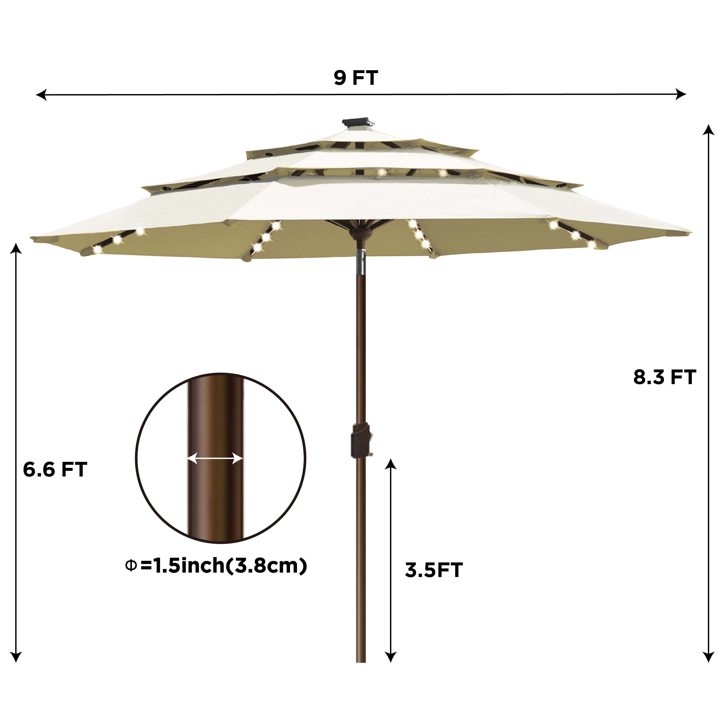 eliteshade sunbrella 9ft patio outdoor table umbrella 3 layers USA 10-Year-Non-Fading 3-Tier Market Umbrella, Commercial with 80 Solar LED Lights, Crank Open, Windproof & UPF 50+ UV Protection for Garden, Deck, Pool, Backyard, Royal EliteShade Sunbrella Solar 9ft 3