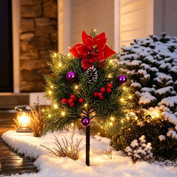 Artificial Poinsettia with Lights, Pre-Lit Christmas Floral Arrangement for Outdoor Holiday Decor, Battery Operated Festive Porch Flowers with Warm LED Radiance