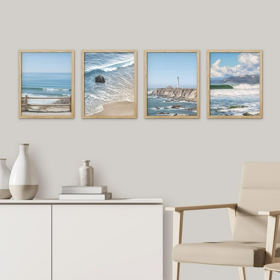 PixonSign Framed Wall Art, White Aerial View Blue Ocean Wave Beach Shore Posters, Set of 4 Seaside Landscape Wall Decor Prints, Nature Wilderness Wall Décor for Living Room, Bedroom -8"x10" Natural