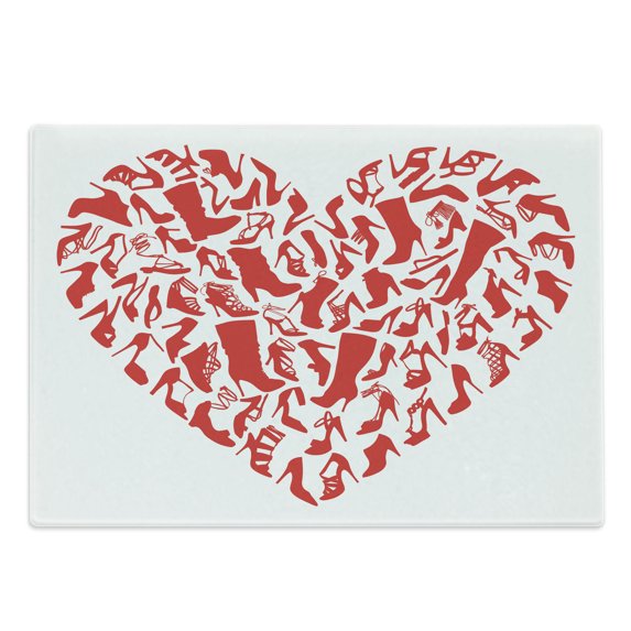 High Heels Cutting Board, Heart with Scarlet High Heel Shoe Silhouettes Love Woman Illustration, Decorative Tempered Glass Cutting and Serving Board, in 3 Sizes, by Ambesonne