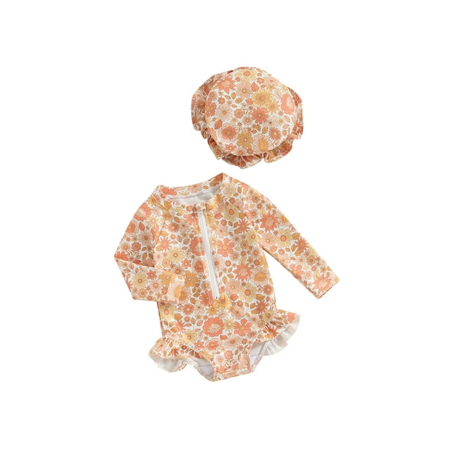 Diconna Maillot de Bain pour Bébé Fille Ensemble 2 Pcs à Fleurs Col Rond Manches Longues Fermeture Éclair avant Maillot de Bain + Bonnet de Bain Nœud 3D Tenue de Plage