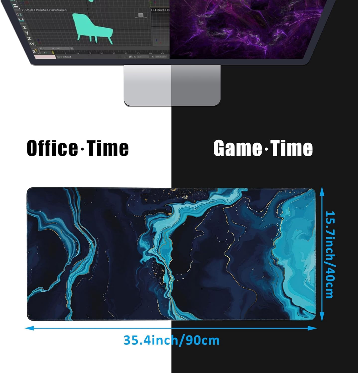Blue Marble Desk Mat,Large Gaming Mouse Pad,Non-Slip Rubber Base Desk Pad with Stitched Edges for Desk Office Home Decor 35.4X15.7 Inch