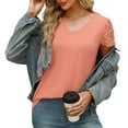 thumbnail image 6 of Summer Oversize Shirts for Womens Fashion Casual Loose Solid Color V-neck Lace Patchwork Short Sleeved Top, 6 of 9