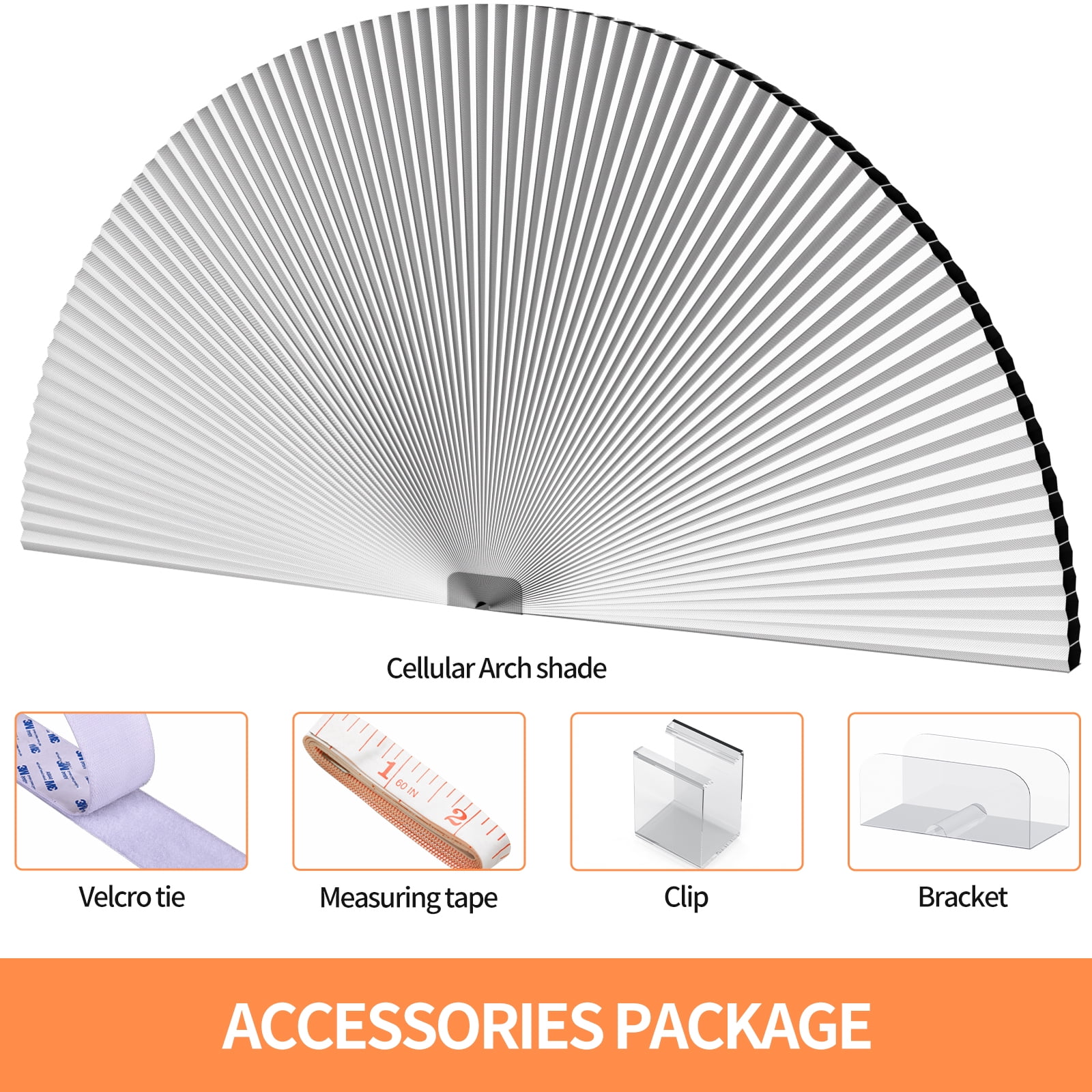 MYshade No Tools Arch Window Shades Tie-Up Blackout Cellular Arch Window Shades, White 36"W x 72"H