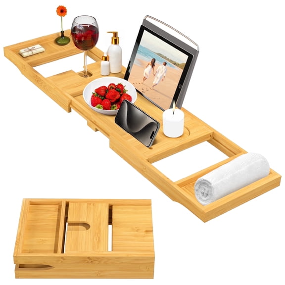 Bambusi Expandable Wood Bath Tub Tray Table for Wine, Bamboo Bathtub Tray Caddy, Extends from 29.5 to 42.9 inches