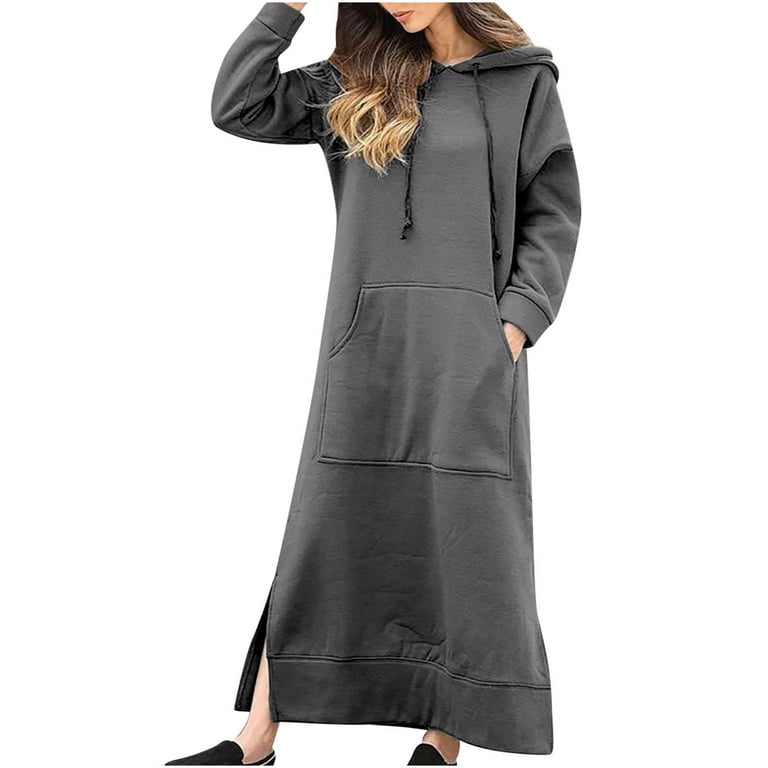 Womens Long Sleeve Maxi Hooded Pullover Hoodie Dress with