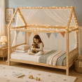 thumbnail image 2 of SESSLIFE Twin House Bed Frame for Boys Girls, Solid Wood Kids Bed with End Guardrails, 13 Slats, No Box Spring Needed, Natural, 2 of 8