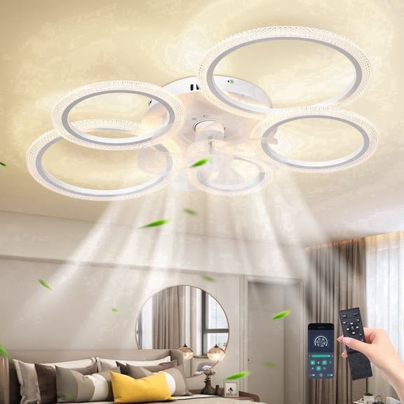 Garwarm 31.49 in. Modern Bubble Ceiling Fan with Lights, 5-Ring Low Profile Flush Mount Fan Light with Remote Control, 3 Color Temperatures, 6 Speeds for Living Room