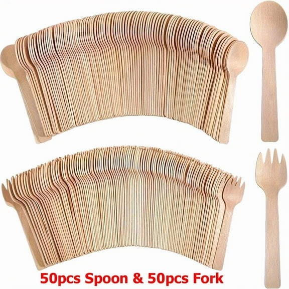 50/100pcs 14cm Disposable Wooden Spoon Fork Set for Party Wedding Cake Tasting Batch Practical Tableware Party Peripherals