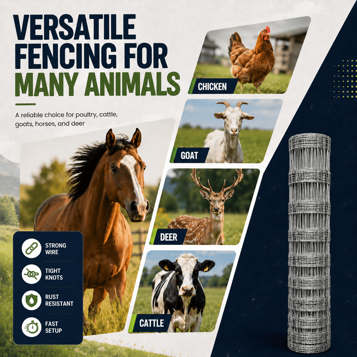 Heavy-Duty Galvanized Farm Fence 15-Gauge 330 ft Gradient Mesh for Goats Hogs Deer Sheep Livestock