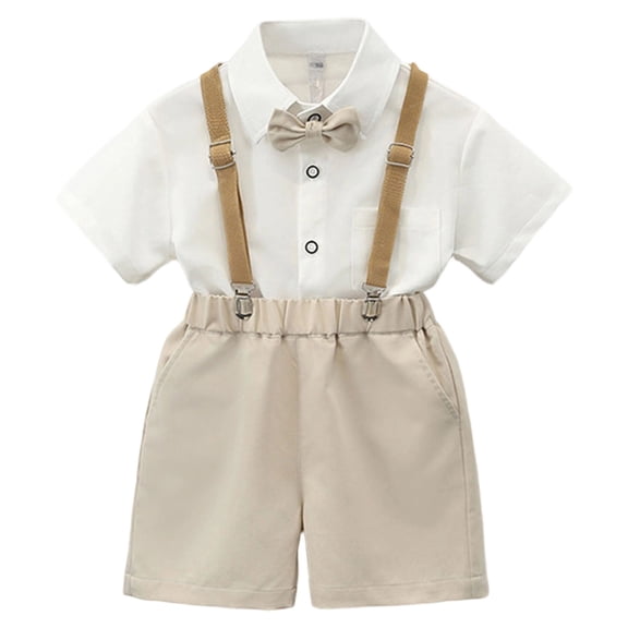 Quealent Boys' Formal Suit Short Sleeve Dress Shirt with Bowtie and Suspender Shorts Casual Gentleman Wedding Party Clothes (Khaki, 18-24 Months)