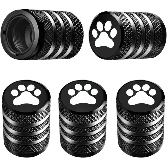 Tire Valve Stem Caps Cover - (5 Pack) Tire Air Caps Metal with Plastic Liner Corrosion Resistant Leak-Proof Dog Paw Print for Car Truck Motorcycle Bike Black