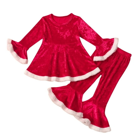 

New Fashion Girls Clothes Set Toddler Baby Kids Girls Suit Christmas Patchwork Trumpet Sleeve Pullover Tops Pants 2Pcs Set Outfits