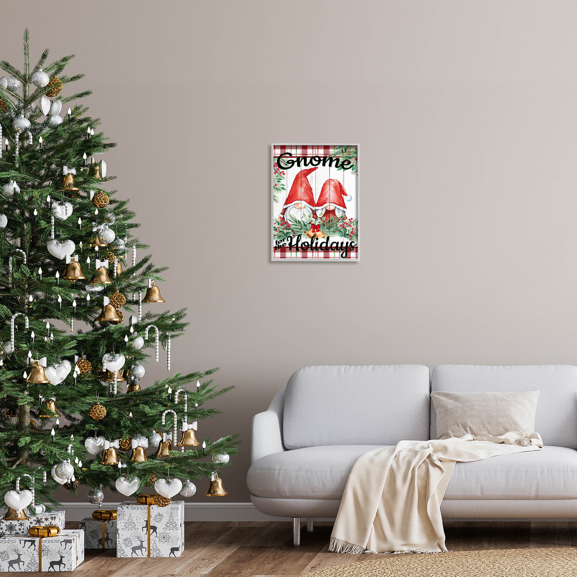 Stupell Industries Gnome For The Holidays Plaid Graphic Art Gray Framed Art Print Wall Art, Design by Kim Allen