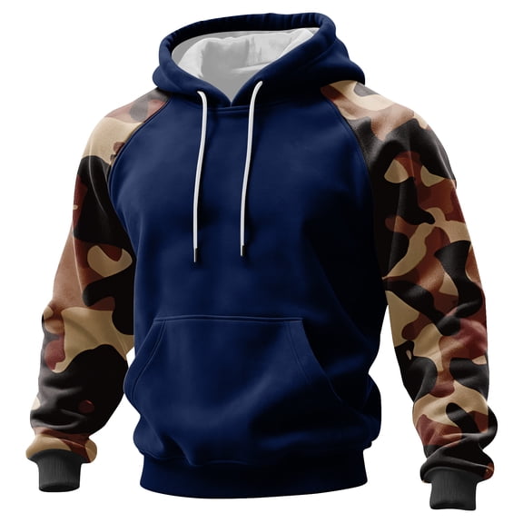 Men’s Pullover Hoodie with Drawstring Adjustable Hood and Camouflage Print Long Raglan Sleeves Kangaroo Pocket Dark Blue L
