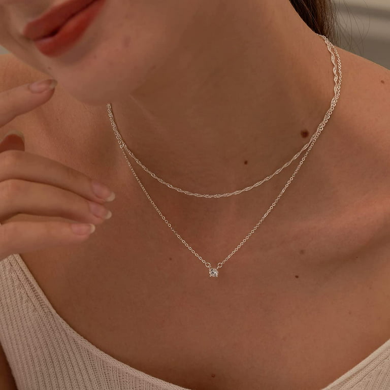 Silver Necklace for Women, Dainty Silver Layered Necklaces Sterling Silver  Diamond Pendant Necklace Simple Silver Chain Choker Necklaces Fashion Silver  Set Jewelry Gifts for Women Girls