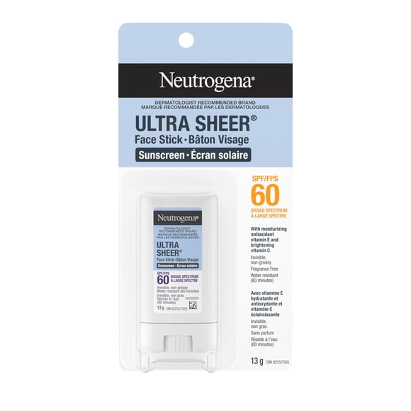 Neutrogena Ultra Sheer Face Stick Sunscreen SPF 60, Sensitive Skin Care, Mess-Free Broad Spectrum Sun Protection, 13 G