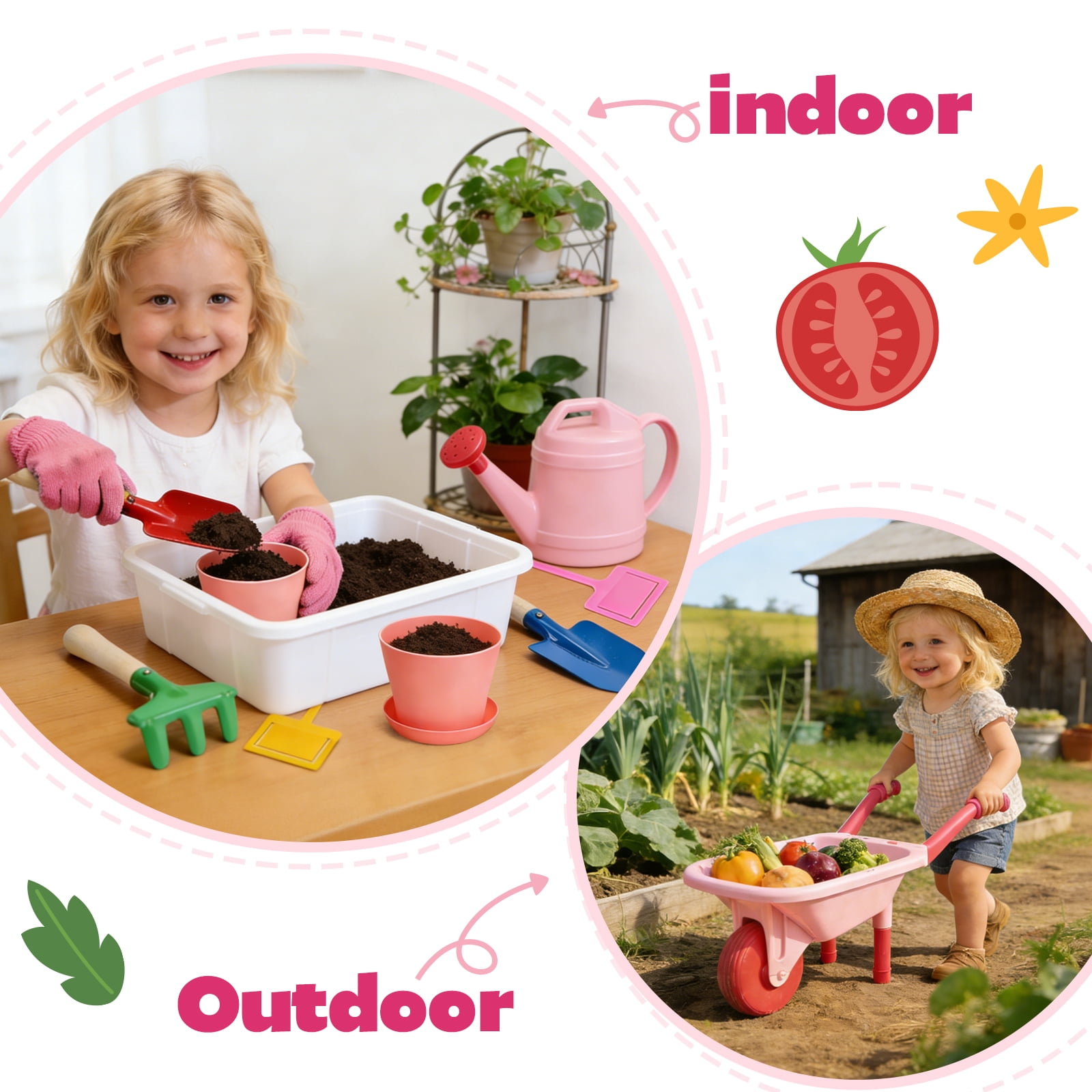 CUTE STONE Kids Gardening Tool Set, 13-Piece Pink Wheelbarrow Kit with Watering Can, Shovels, Rake, Gloves, Planters for Outdoor/Indoor Pretend Play, Toddlers Girls & Boys Age 3+