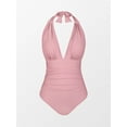 thumbnail image 7 of Cupshe Women's V Neck One Piece Swimsuit Halter Backless Ruched Tummy Control Bathing Suit Dusty Pink, 7 of 7