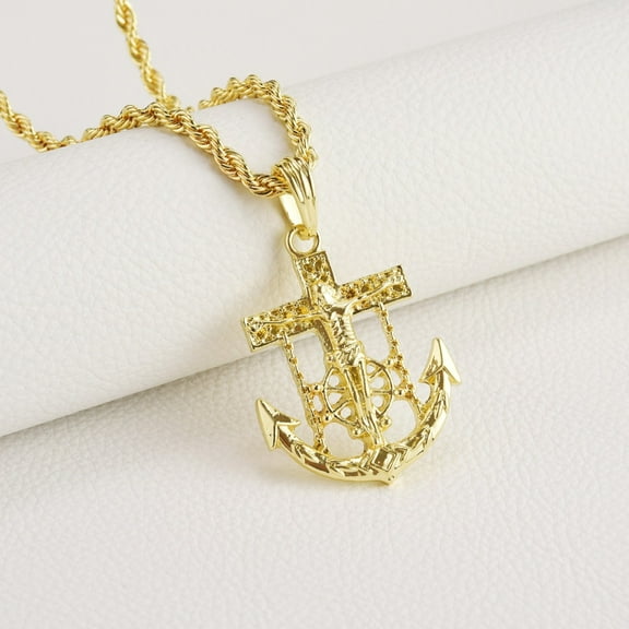 Men's Cross Rudder Anchor Pendant Necklace 14K Yellow Gold Jewelry High Quality Metal Navigation Religious Necklace