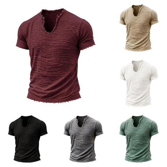 ZXLBBD T Shirts for Man Distressed Linen Raw Edge V Neck Short Sleeve Solid Color Lightweight Henley Tee Fashion Clothing Casual Summer Tshirts,Red,XL