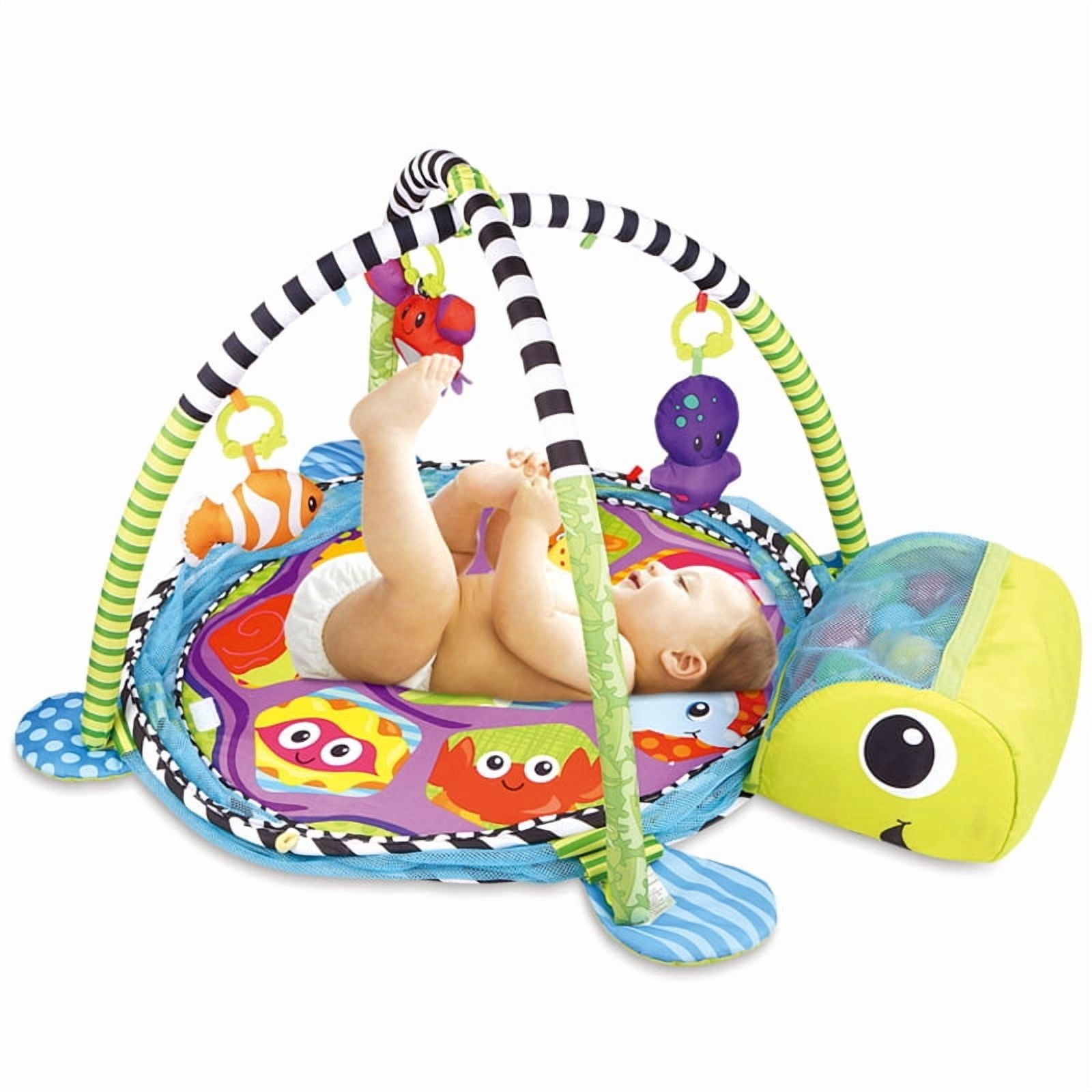 Cochildor Baby Play Gym Mat, 4 in 1 Turtle Tummy Time Activity Mat for Babies, with 30 Balls & 4 Detachable Sound Toys, Newborn Gift for Toddler Infants Age 0-36 Months