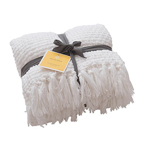 Decorative Throw Blanket with Tassels Antique White Melody House Super Soft Woven Plaid Pattern Throw 50x60