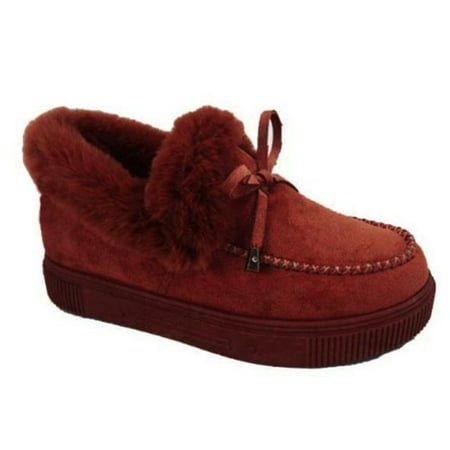 

Women Casual Fashion Flat Moccasins Fuzzy Thickening Warm Comfy Slippers For Indoor Outdoor 39 Wine Red
