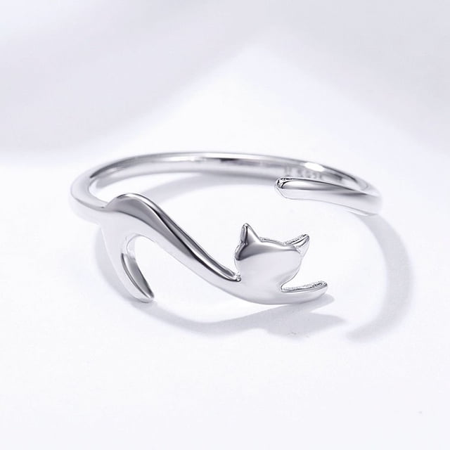 Anillos de Plata de Ley 925, Anillo Ajustable Estilo Gato Abierto Bisutería para Niñas Adolescentes Regalo Tamaños Universales, Plata de Ley 925, Sin Piedra
