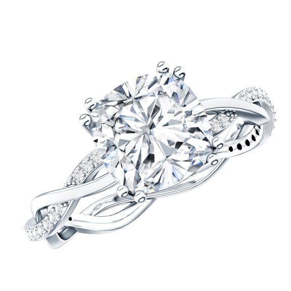 Rosec Jewels Moissanite Cushion Cut Solitaire Ring for Engagement - 8 mm - Braided Ring - 3 Ct - D-VS1 Grade Certified, 925 Sterling Silver, US 4.00
