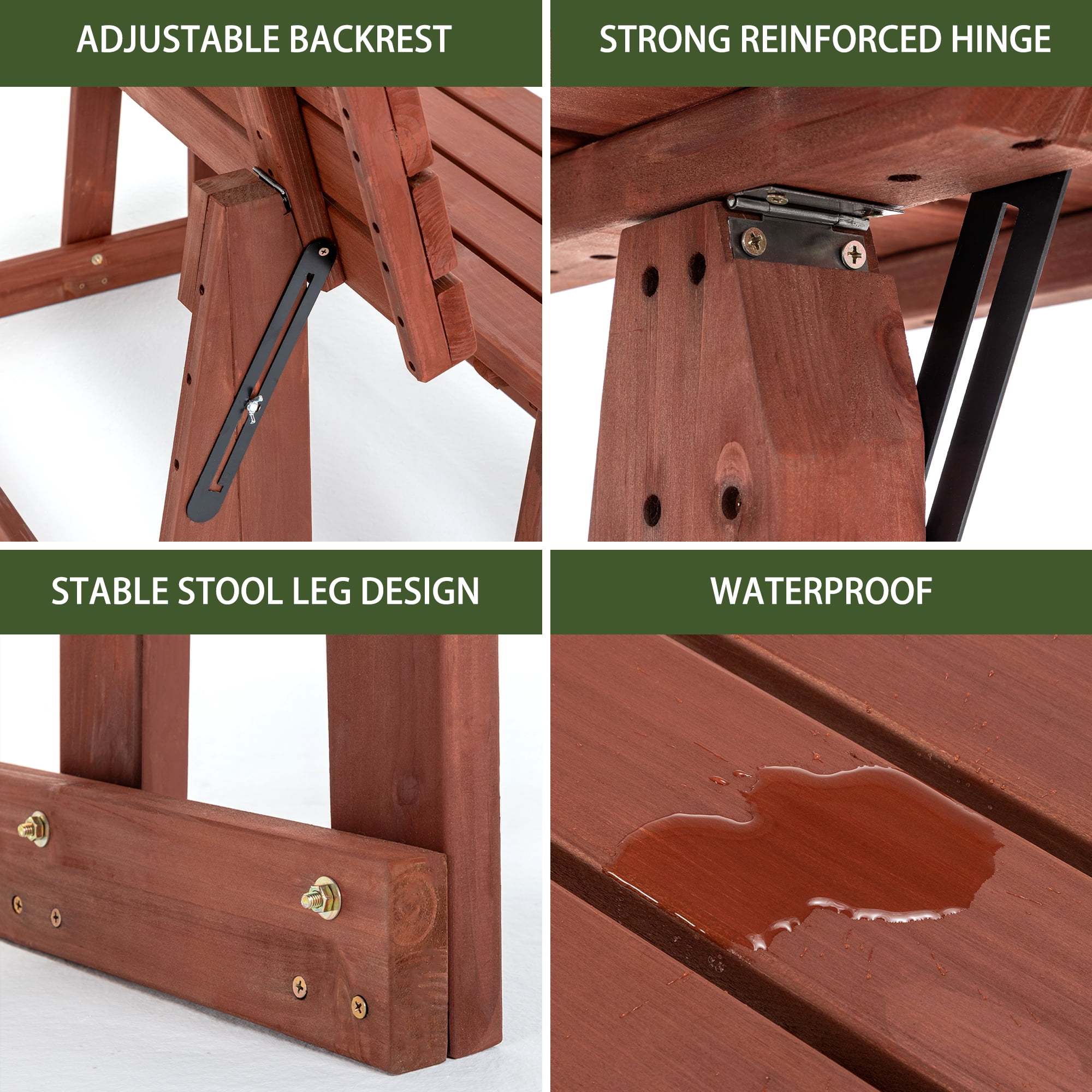 2-in-1 Convertible Bench Picnic Table, Outdoor Folding Dining Set with Backrest & Umbrella Hole, Solid Wood Waterproof & UV Resistant, For Backyard, Patio, Garden, Park Walkway