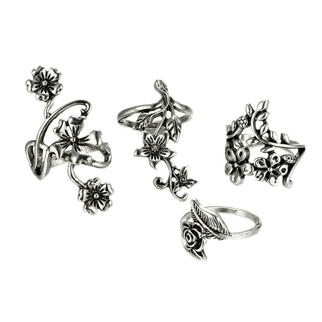 4PCS/Set Bohemian Retro Hollow Flower rings Joint knuckle ring Knuckle Ring Sets Women Girls Vines Silver Rings Hand Jewelry Kit