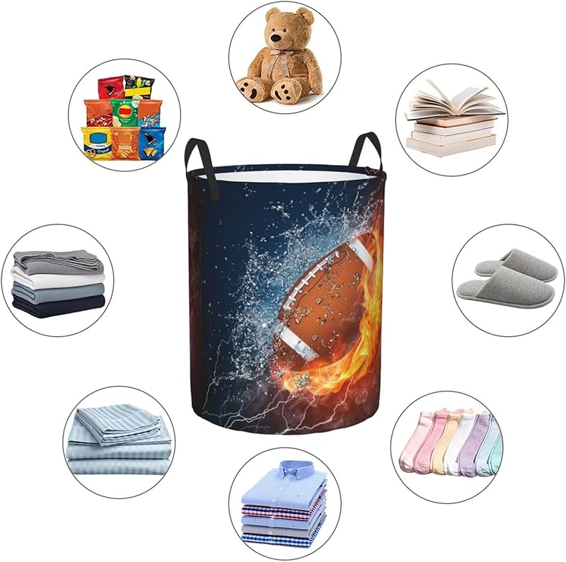 American Football Ball In Fire And Water Round Laundry Hamper Sport Rugby Storage Basket Toys Clothes Organizer Bin For Home Bathroom Bedroom Dorm Nursery