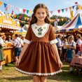 thumbnail image 2 of Girls Western Cowboy Dress, Kids Cactus Sun Embroidery Lace Short Sleeve A-Line Dress, Boho Brown Casual Dress for Oktoberfest Daily Wear(Brown,9-10 Years), 2 of 4