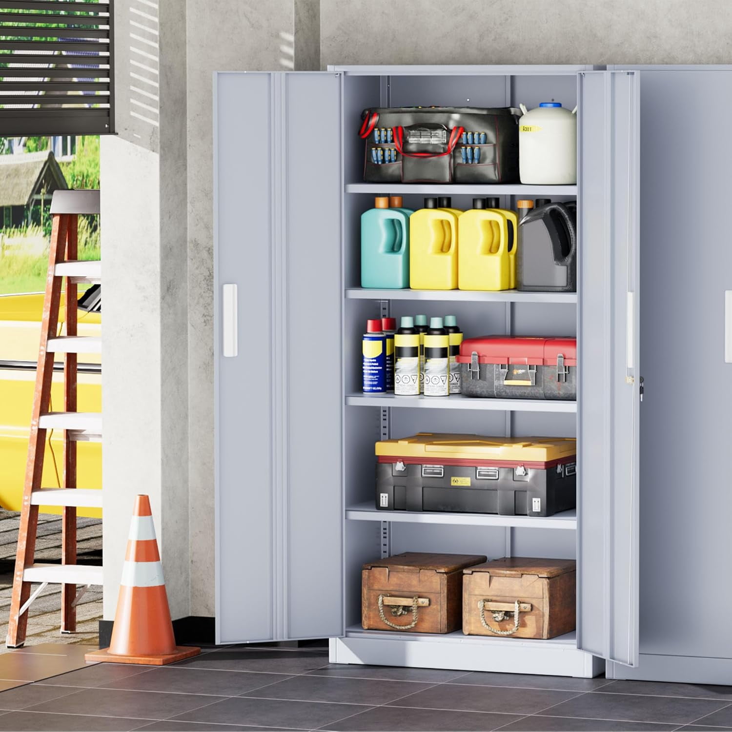 SOLAURA Metal Storage Office Cabinets with Locking Doors and Adjustable Shelves, 71 inch Tall Steel Storage Cabinet for Office, Home (Cement Gray)