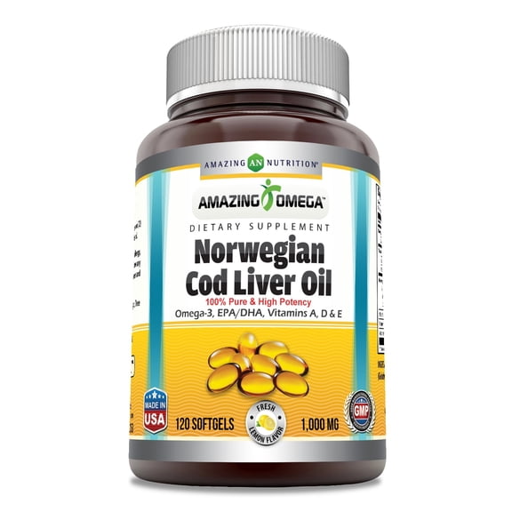 Amazing Omega Norwegian Cod Liver Oil 1000 Mg Per Serving 120 Softgels Supplement | Lemon Flavor | Non-GMO | Gluten-Free | Rich Omega-3, EPA, DHA, Vitamin A, D & Vitamin Supplements