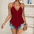 thumbnail image 2 of Women's Halter Hollow Out Tank Tops V Neck Tie Back Ruffled Hem Blouses Summer Casual Shirts, XS, 2 of 5