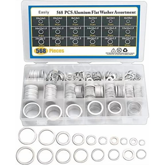 Crush Washer Oil Drain Plug - 568 Pieces 18 Sizes Aluminum Automotive Engine Oil Pan Drain Plug Gasket Assortment Kit (M6 M8 M10 M12 M14 M16 M18 M20 M22 M24)$$Vehicle Parts & Accessories