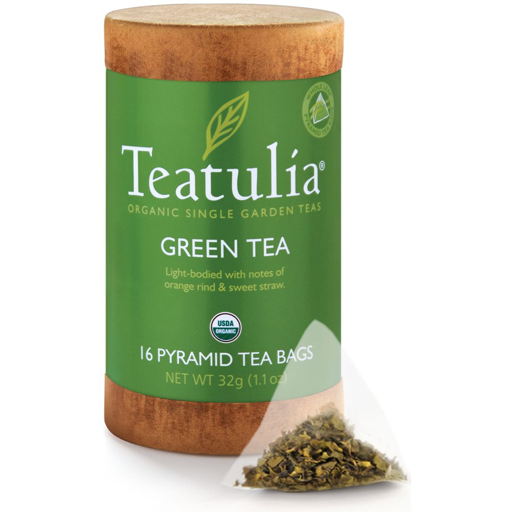 Teatulia Organic Green Tea Canister 16ct Pyramid Tea Bags