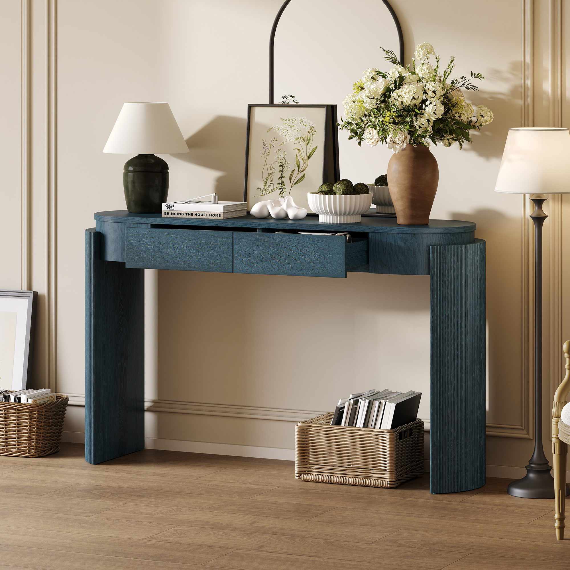 EUROCO 55" Entryway Table with Oval Top and 2 Drawers,Wood Console Table Sofa Table with Fluted Design for Living Room,Navy