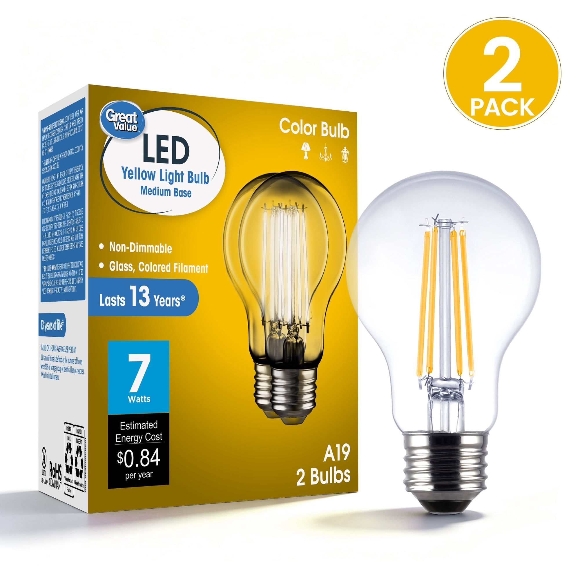 Great Value A19 LED Yellow Light Bulbs, 7 W, E26 Medium Base, 2 Count