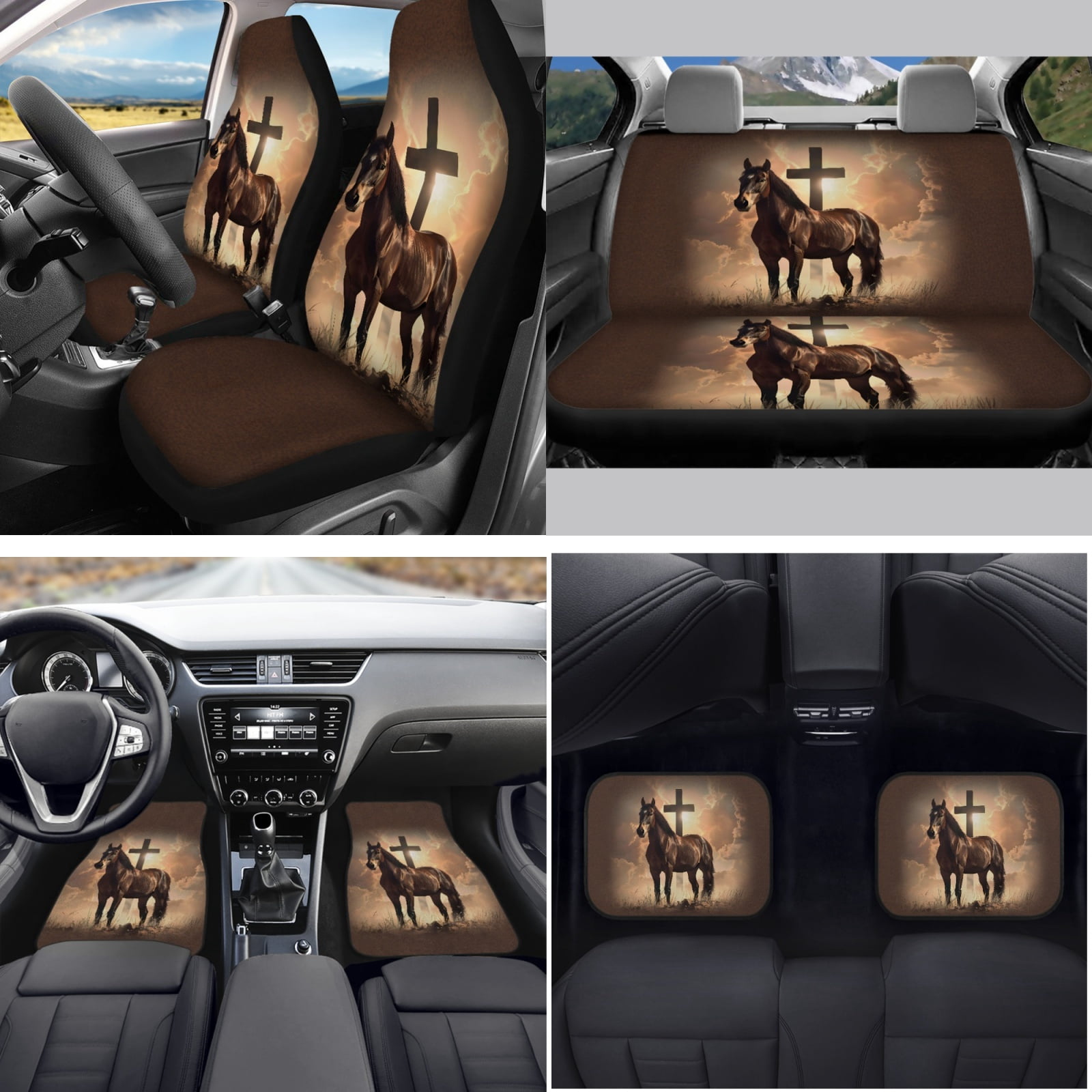 Yuyamidu Cross Car Seat Cover Full Set with Auto Floor Mats Steering Wheel Cover Horse Car Seatbelt Pads Coasters Handbrake Gear Shift Knob Cover 15pcs Car Accessories Set, Brown