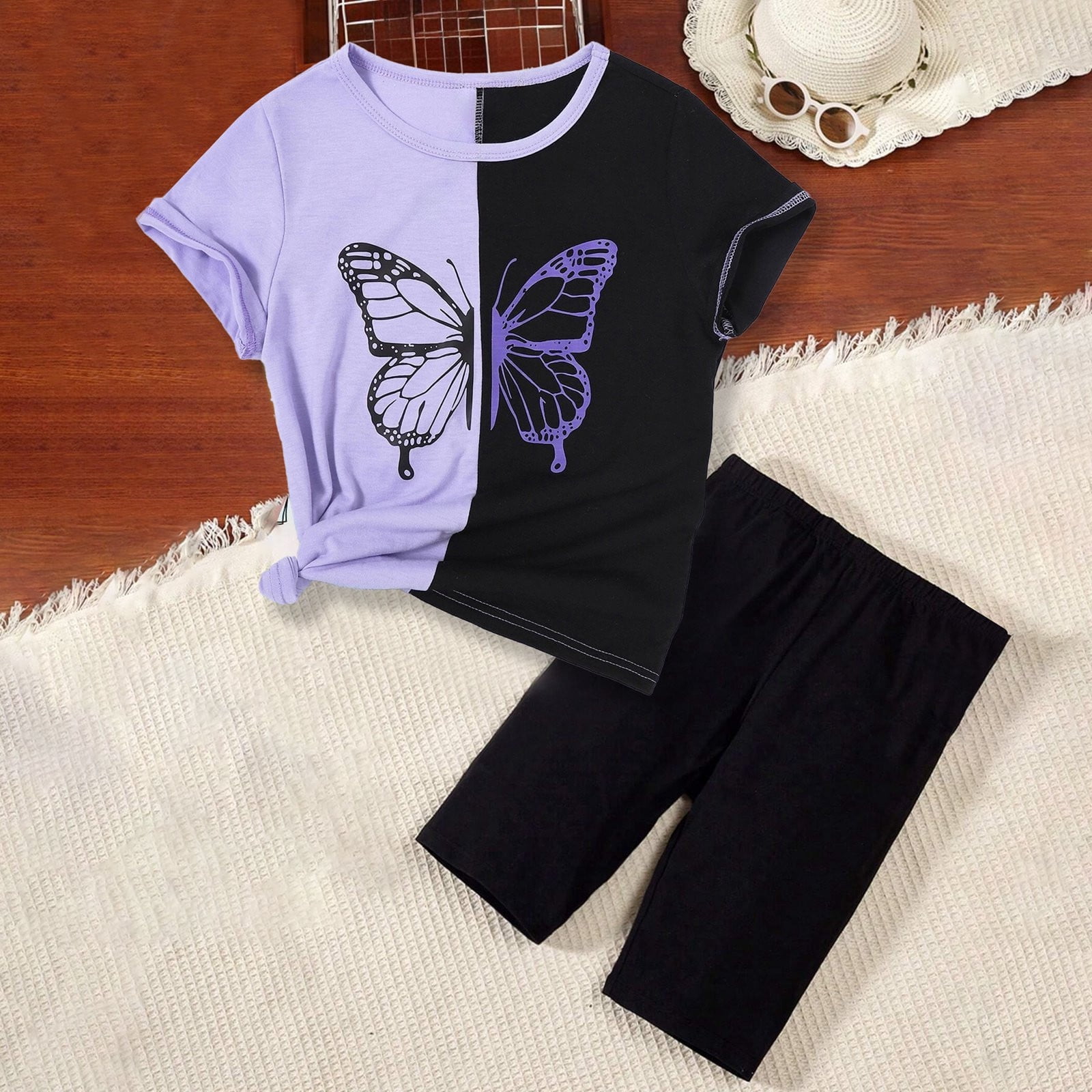 Rovga Kid Girls Clothing Butterfly Prints Clothes Set Elegance Round Neck Short Sleeve Outfits Soft Shorts Photograph Playsuit 7-8 Years Purple