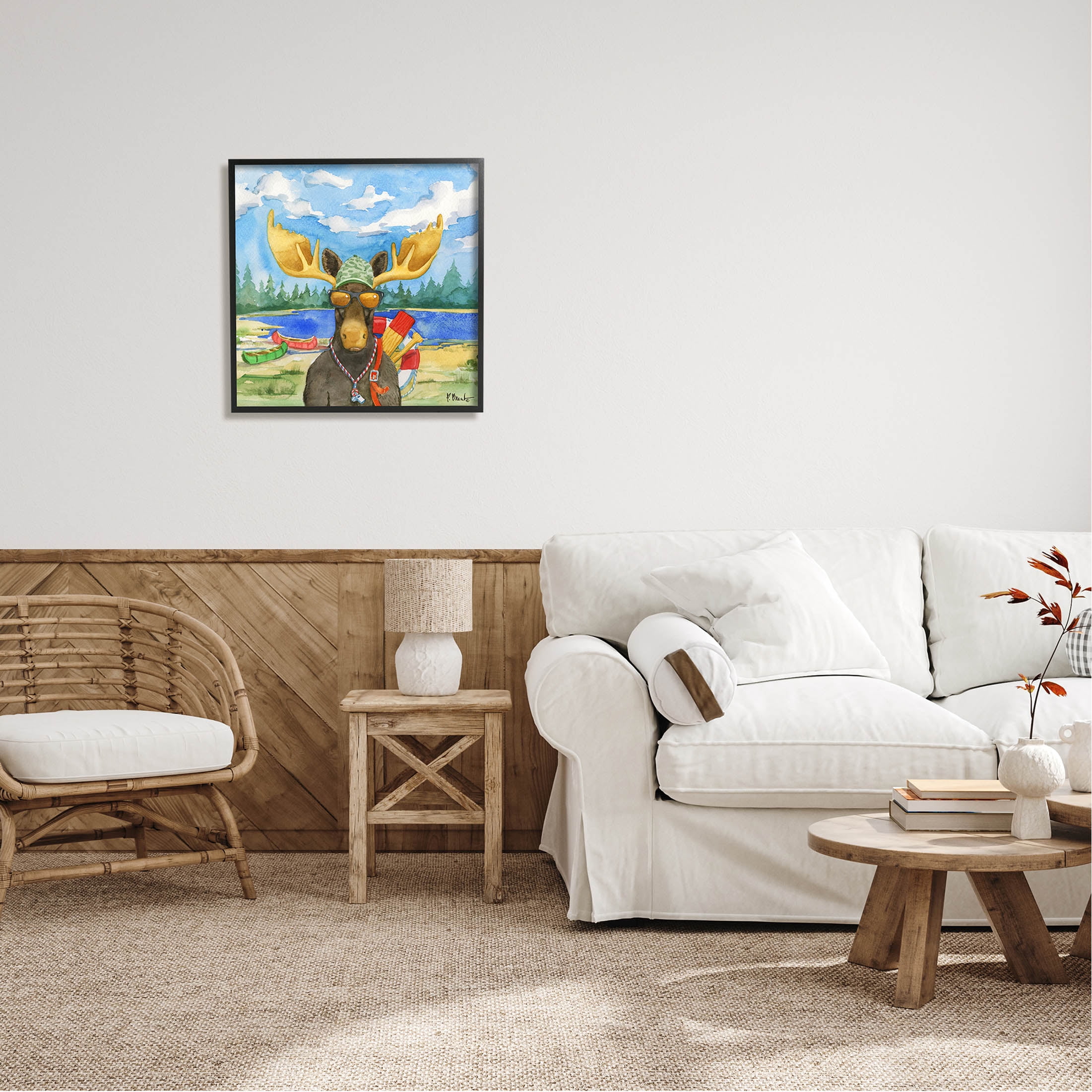 Stupell Industries Happy Camper Life Guard Moose Painting Black Framed Art Print Wall Art, Design by Paul Brent