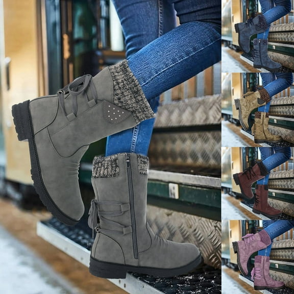 FUZHIQ Boots for Women Combat Boots Womens Classic Pointed Flat Bottomed Leather Mid Calf Fall Winter Boots Women's Ankle Boots & Booties